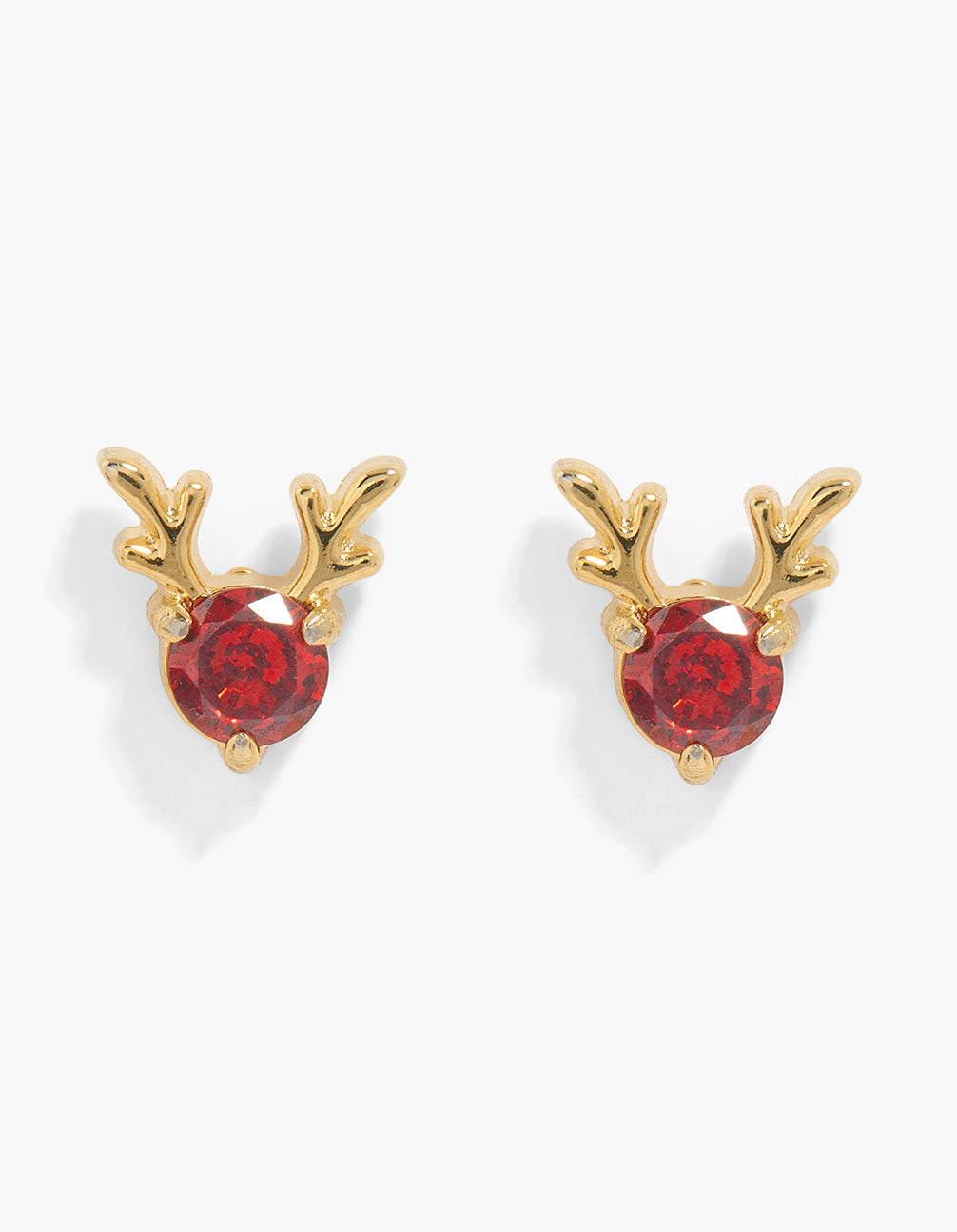 Showcasing waterproof gold plated stainless steel red cubic zirconia reindeer stud earrings with animal design in dark front view