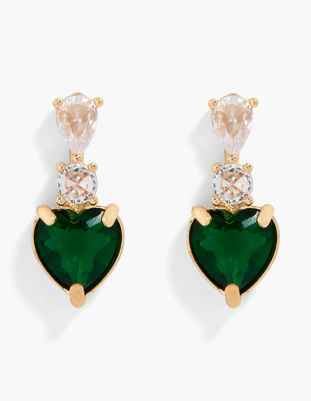 Featuring small heart statement drop earrings in gold with emerald cut cubic zirconia front view