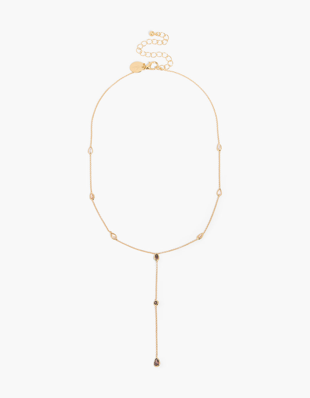 Elegant gold plated cognac and clear cubic zirconia lariat necklace with clasp detail view