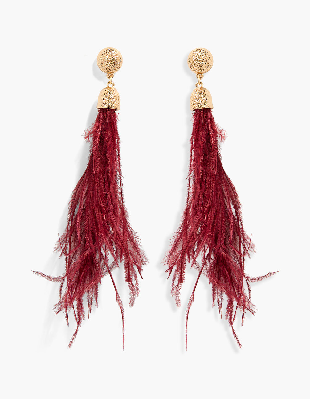 Showcasing gold textured and red feathers drop earrings with maroon accents front view
