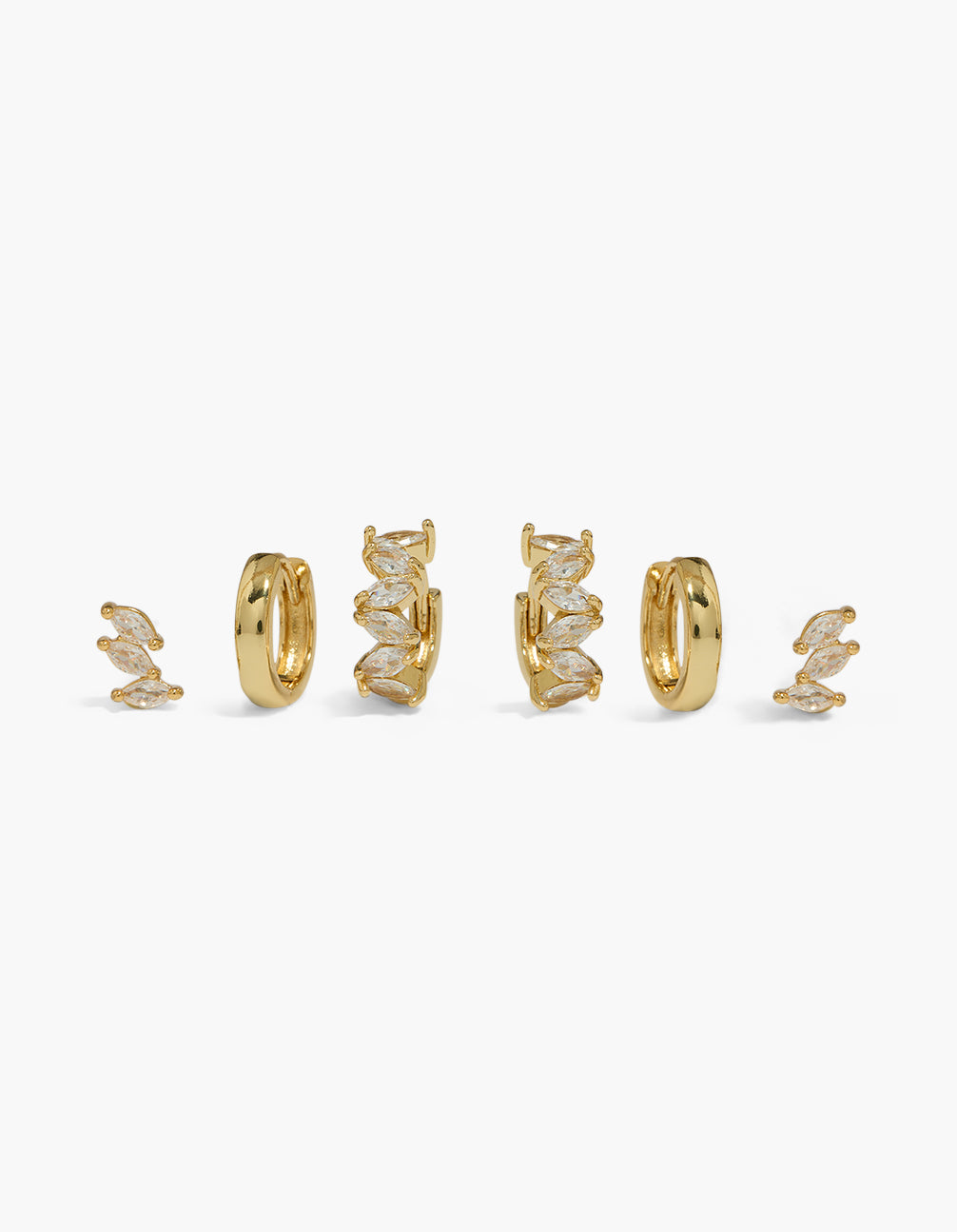 Showcasing gold plated marquise mini huggie and stud earrings in a 3-pack with chunky styling front view
