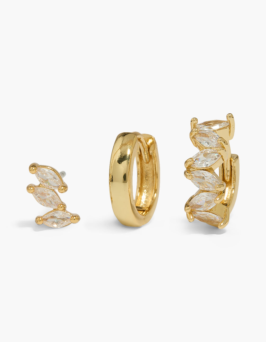 Featuring gold plated marquise mini huggie and stud earrings in a 3-pack with chunky styling close up view