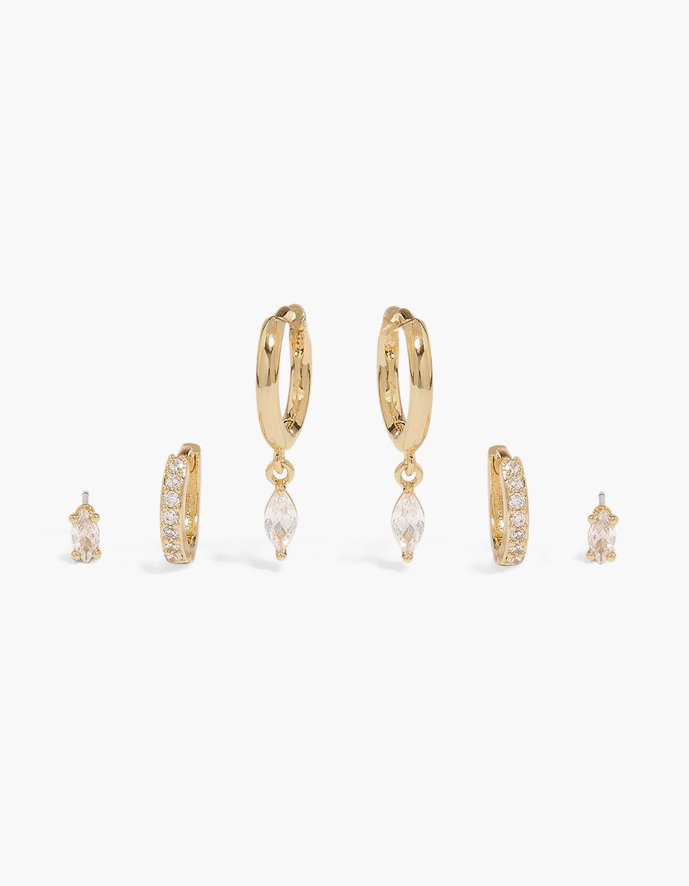 Showcasing gold plated cubic zirconia marquise drop and stud earrings in a 3-pack with crystal features, huggie and stud closures front view