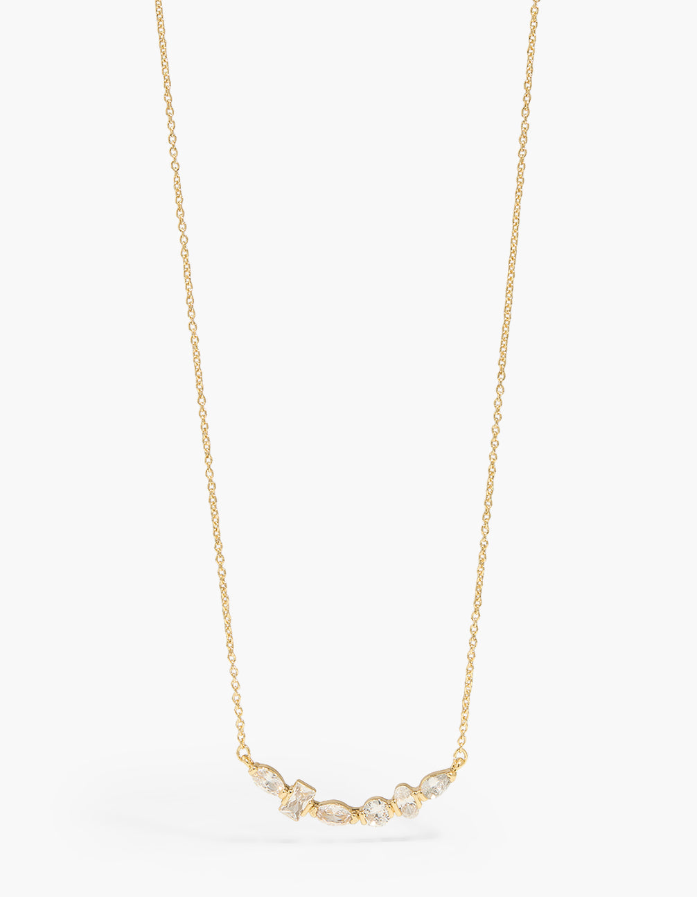 Elegant multi shaped bezel cubic zirconia necklace in gold plated with oval stone cut dainty crystal necklace close up view
