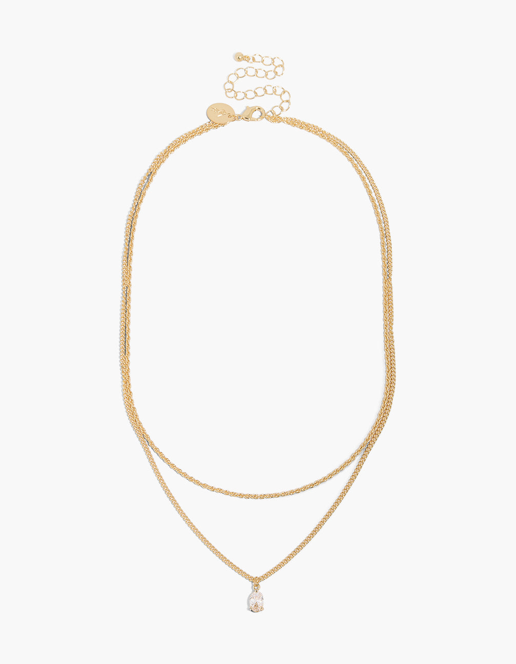 Highlighting a gold plated oval cubic zirconia and twisted chain necklaces 2-pack with pendant features front view