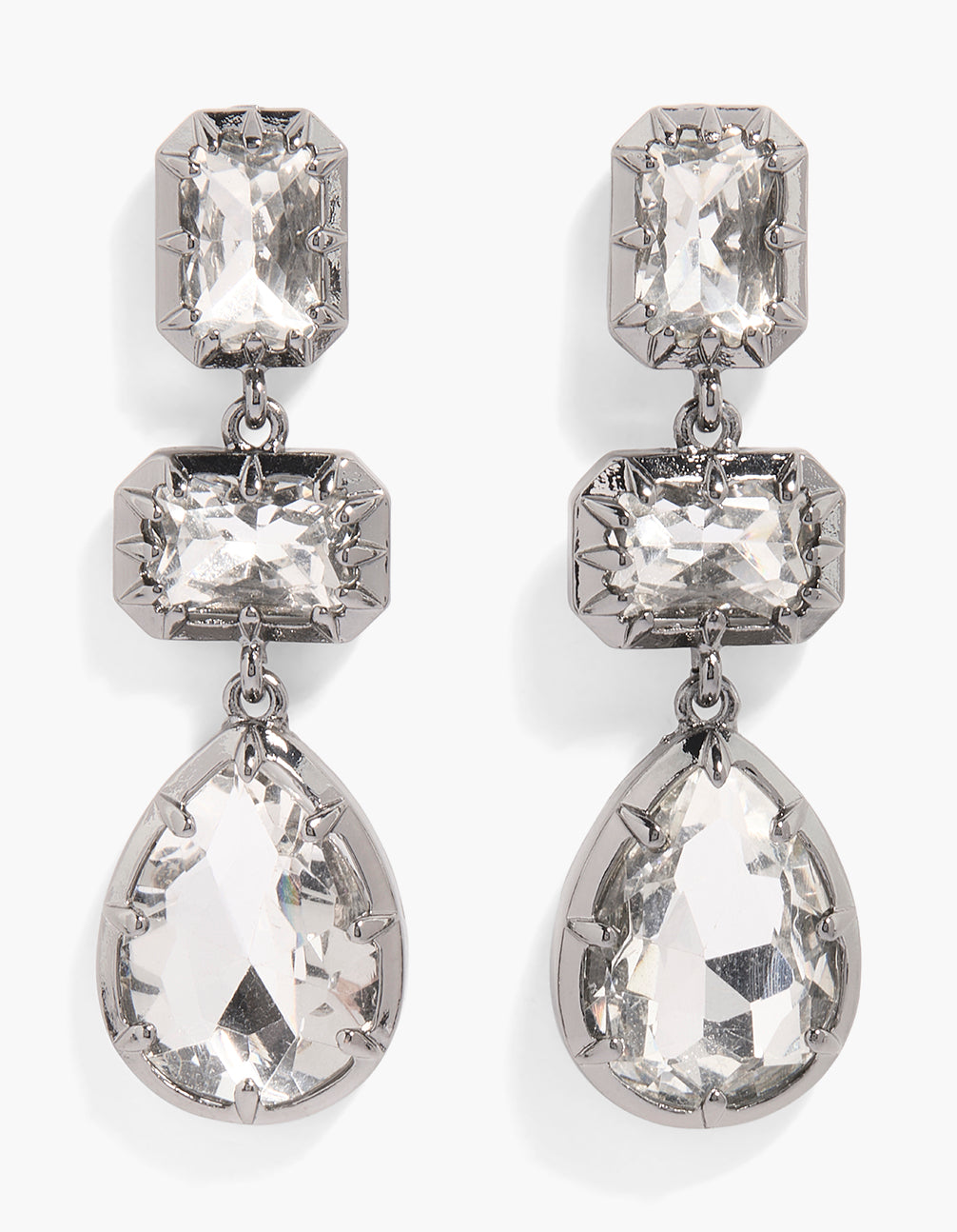 Showcasing gunmetal shiny multi diamantes earrings in statement silver front view