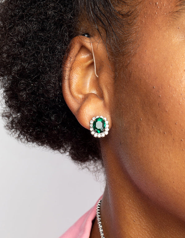 Silver Diamond Simulant Emerald Necklace & Earrings Set