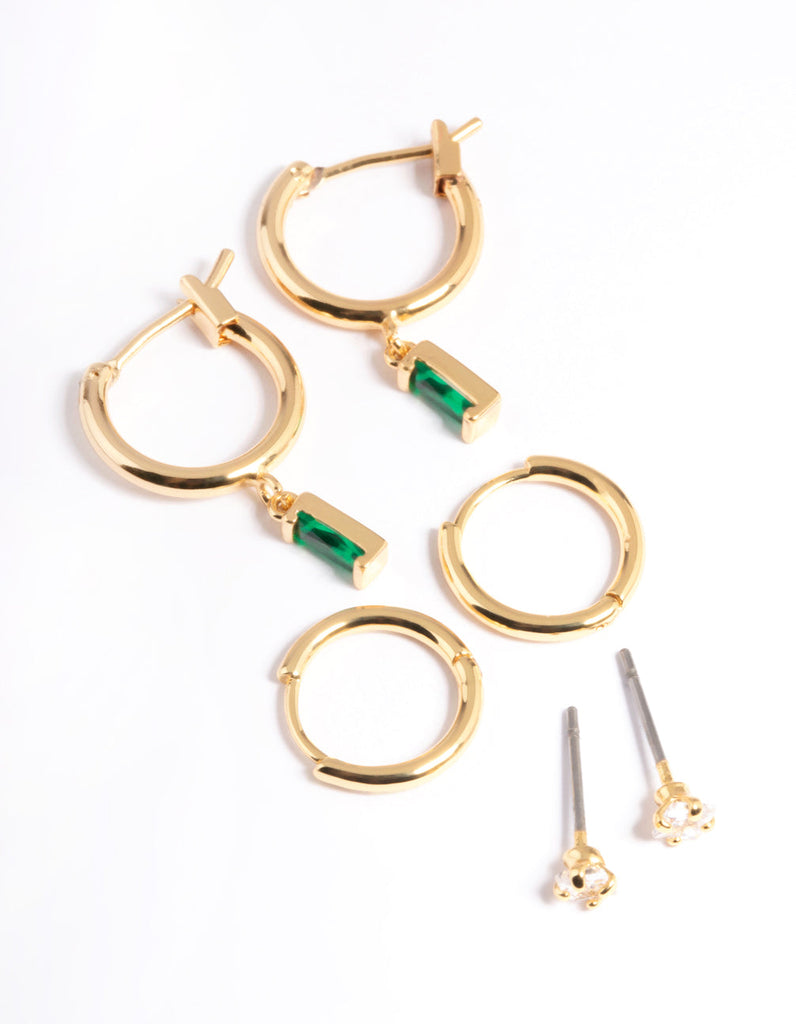 Gold Plated Emerald Huggie Earrings 6-Pack