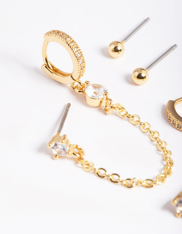 Gold Plated Brass Cubic Zirconia Pave Huggie Chain Earrings 6-Pack