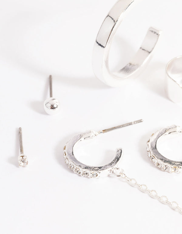 Silver Diamante & Plain Mix Stud & Earring 6-Pack