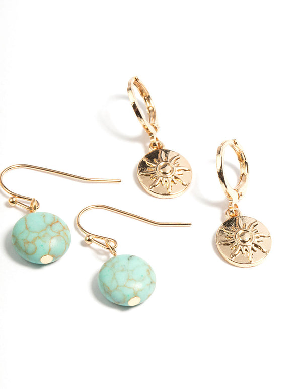 Gold Semi Precious Coin Earrings Set