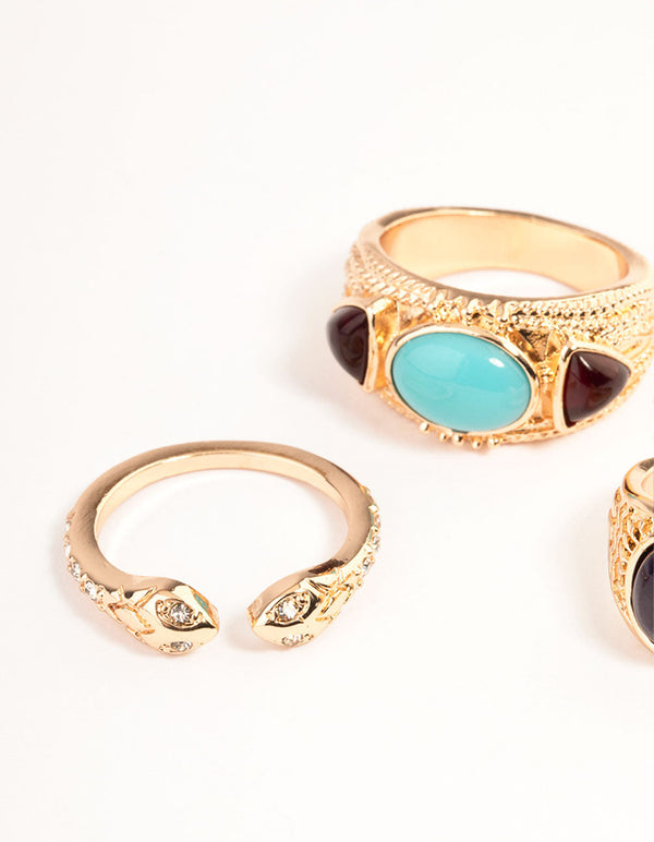 Gold Oval Turquoise Snake Ring Set