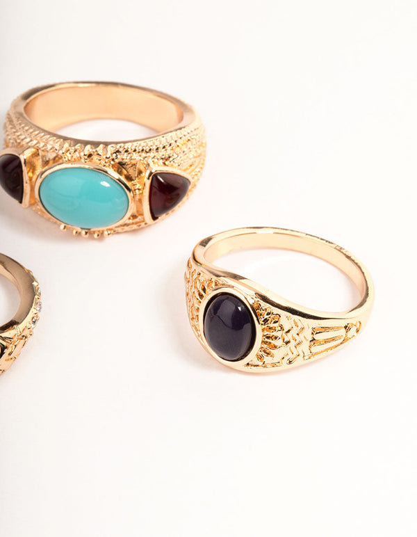 Gold Oval Turquoise Snake Ring Set