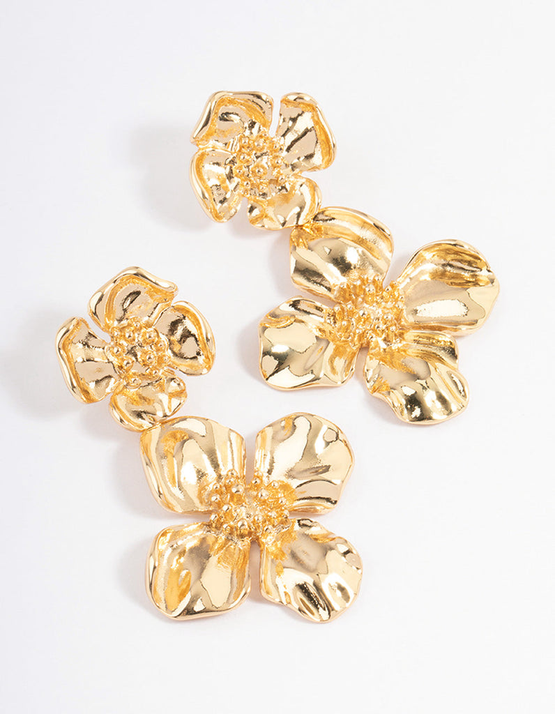 Gold Plated Double Gradual Flower Drop Earrings