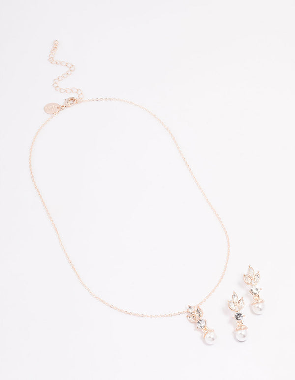 Rose Gold Leafy Diamante & Pearl Jewellery Set