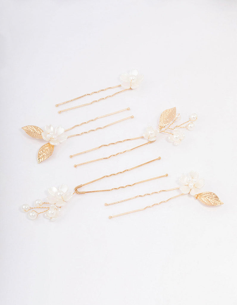 Gold Wire Flower Pearl Hair Pins