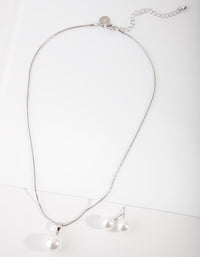 Silver Large Pearl Stud Necklace Earrings Set - link has visual effect only