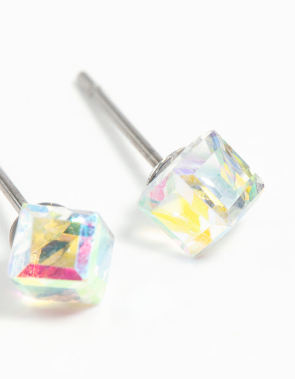 Clear Gem 3D Cube Stud Earrings