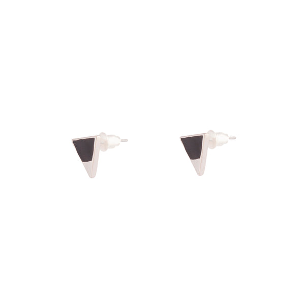 Silver Half Enamel Black Triangle Stud Earrings