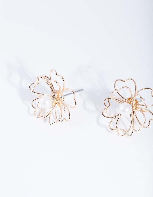 Gold Pearl Wired Flower Stud Earrings