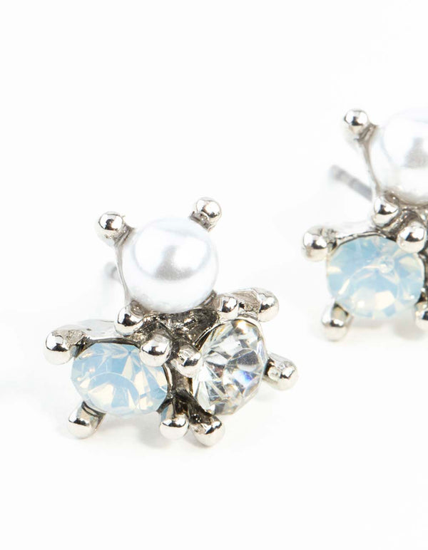 Silver Stone & Pearl Cluster Earrings