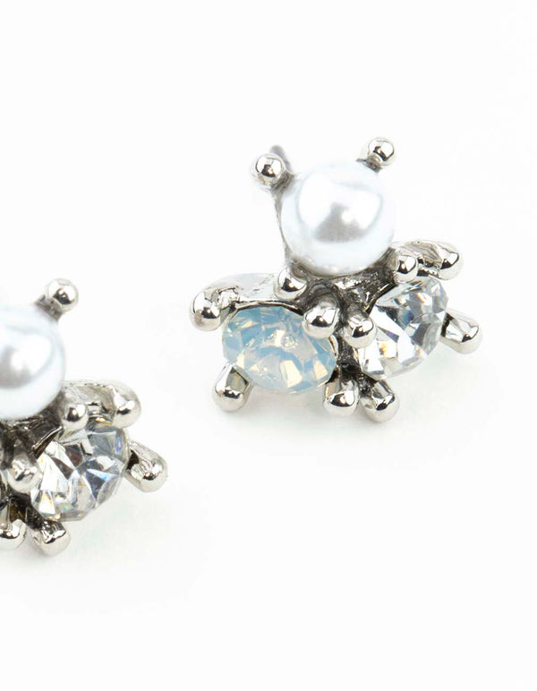 Silver Stone & Pearl Cluster Earrings