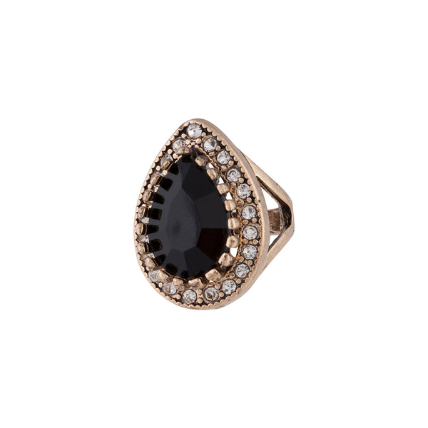 Gold Raised Black Pear Stone Ring