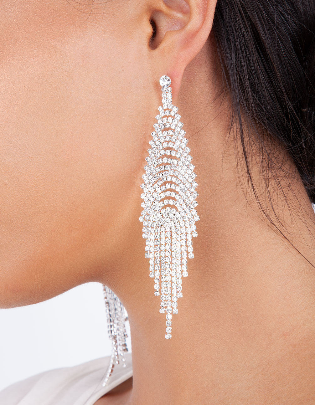 Silver Cup Chain Diamante Fringe Drape Earrings