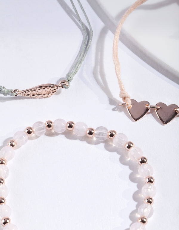 Rose Gold Leaf Heart & Bead Bracelet Pack
