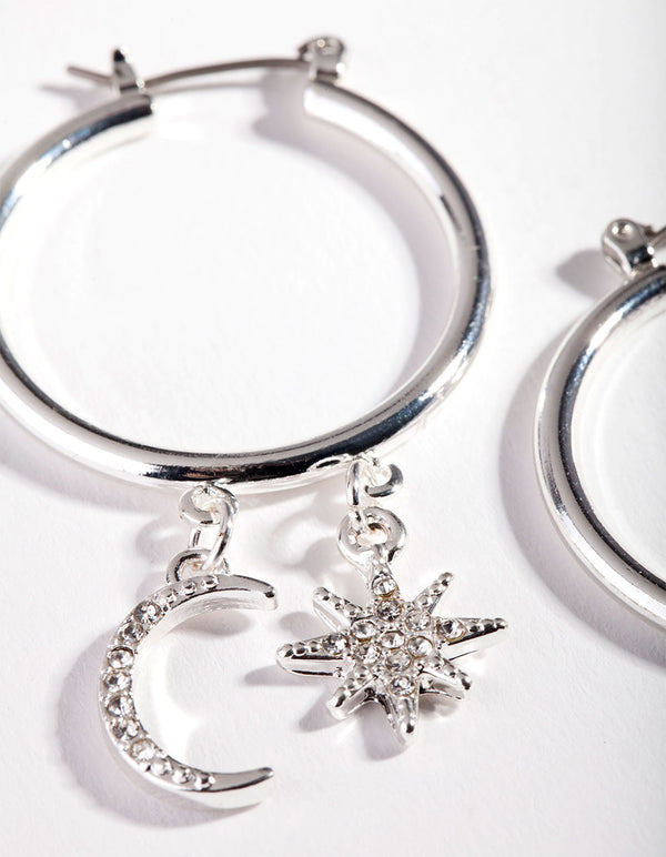 Silver Celestial Charm Hoop Earrings