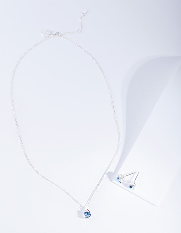 Square Aqua Crystal Stud And Necklace Set