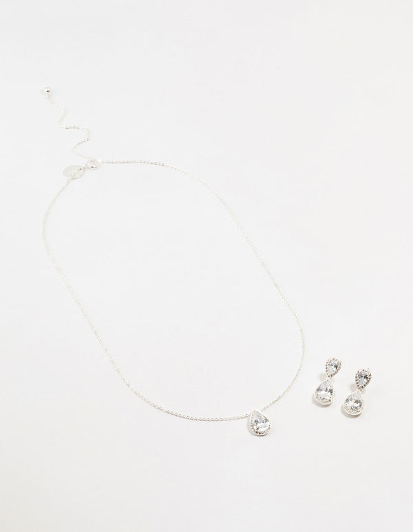 Silver Diamante Teardrop Earrings & Necklace Set