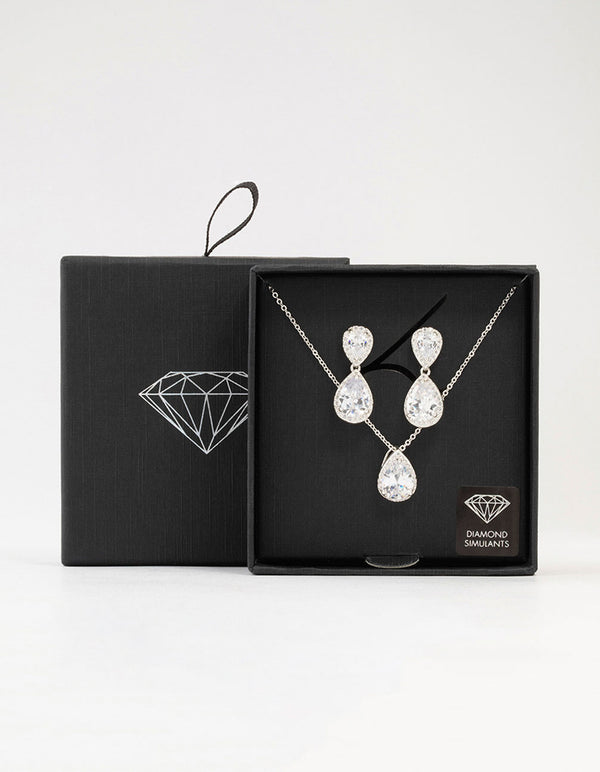 Silver Diamante Teardrop Earrings & Necklace Set