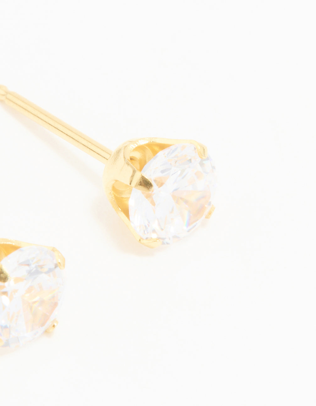 Beautiful 24K gold plated surgical stainless steel 5MM cubic zirconia piercing stud in clear with closure post detail view