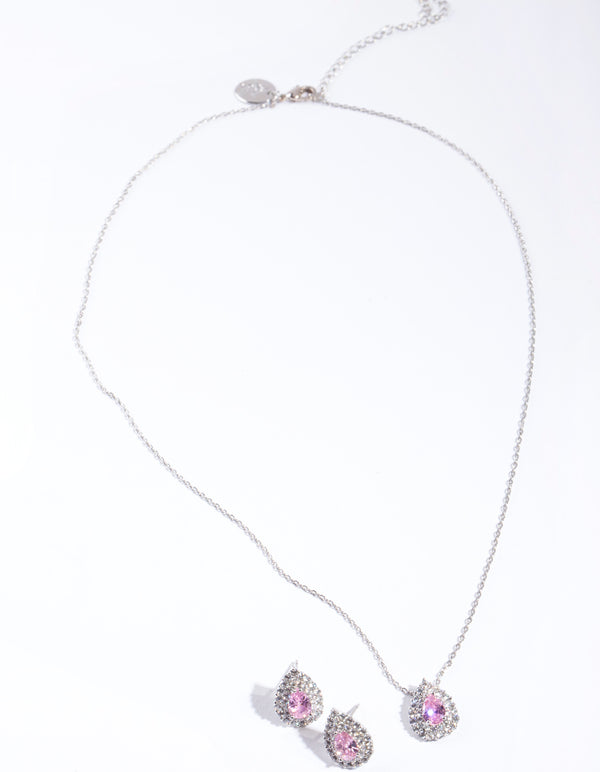 Diamond Simulant Pink Teardrop Earring & Necklace Set