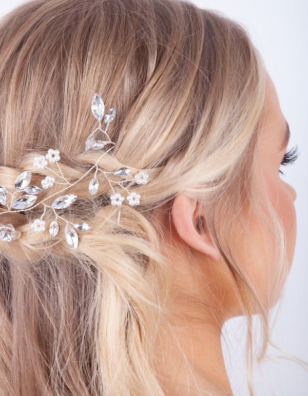 Silver Faceted Pearl Leaf Hair Vine