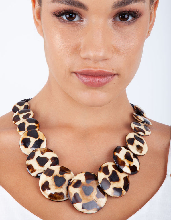 Brown Beige Wood Disc Necklace