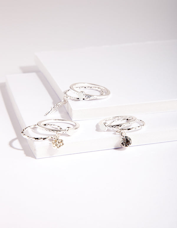 Silver Dainty Diamante Ring Pack