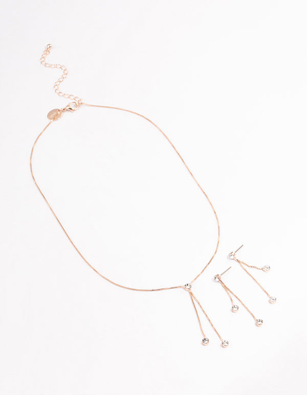 Rose Gold Diamante Drop Earrings Necklace Gift Box