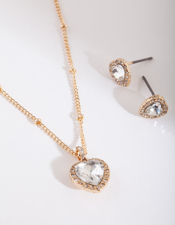 Gold Faceted Heart Necklace Earring Gift Box