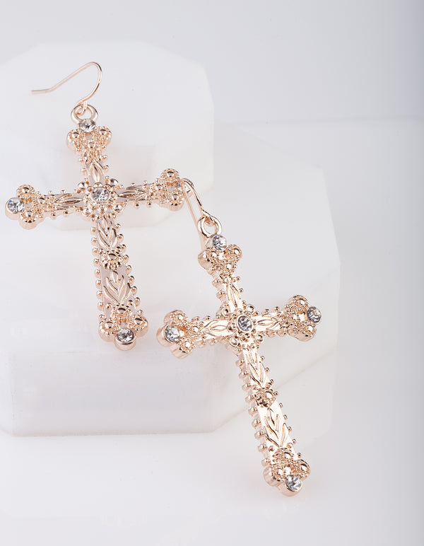 Rose Gold Cross Crystal Stone Earrings