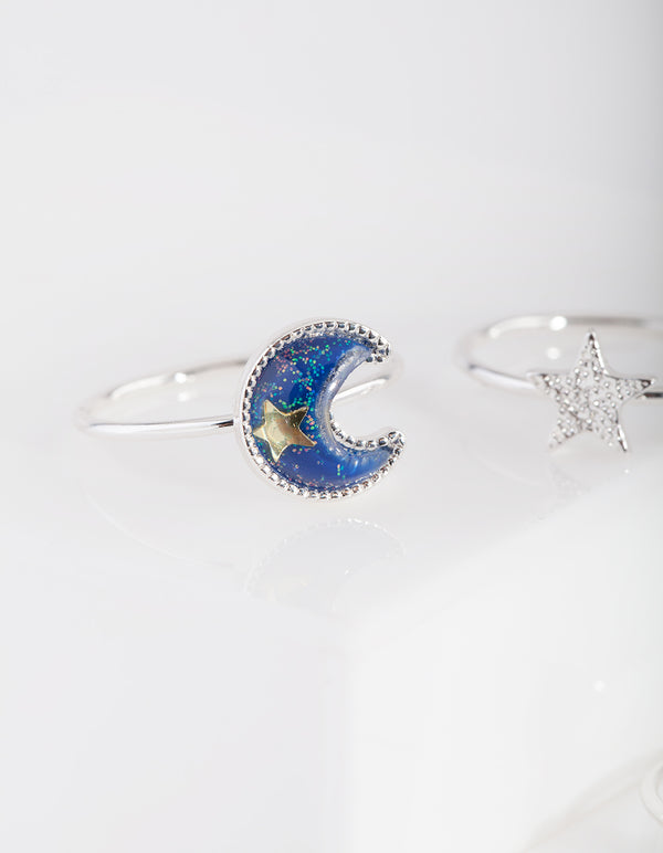 Silver Moon Star Ring Stack