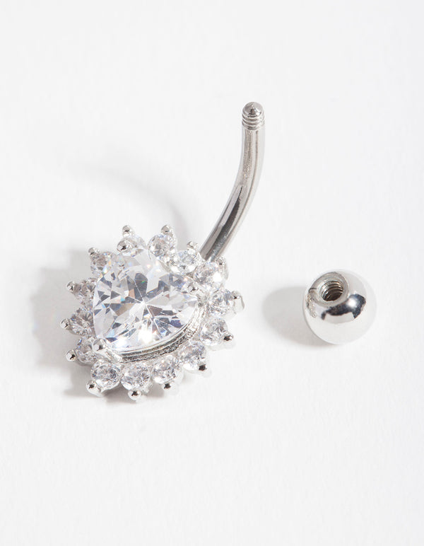 Surgical Steel Cubic Zirconia Halo Heart Belly Bar
