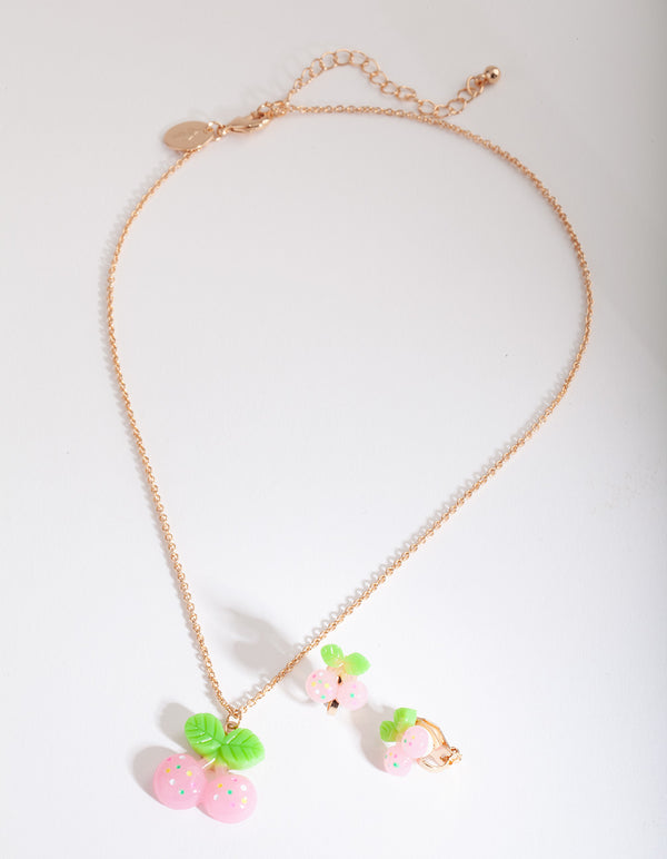 Kids Cherry Clip-On Earring Necklace Set