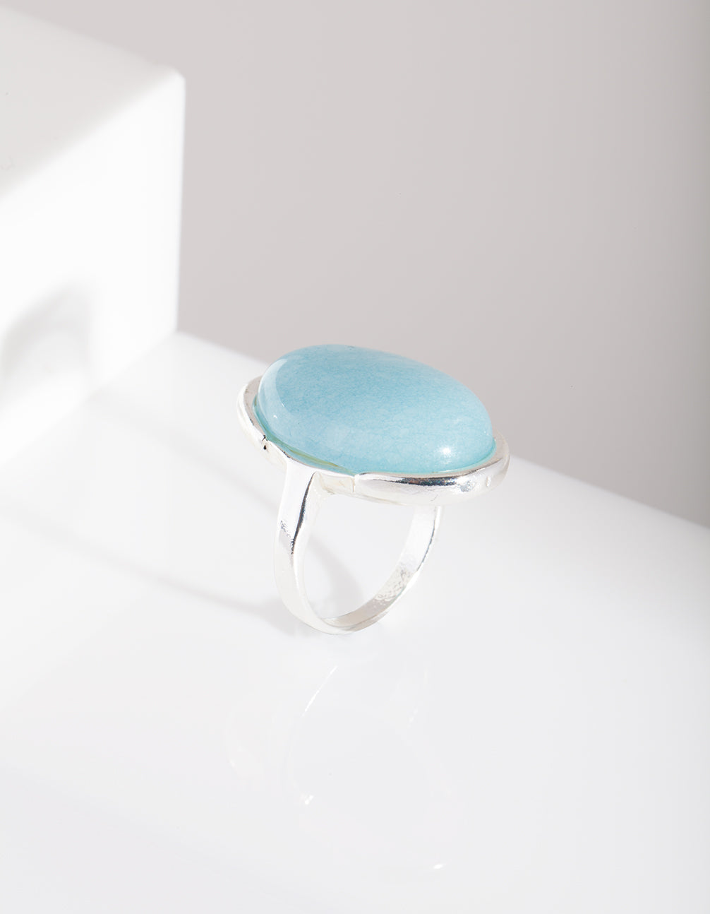 Silver Blue Synthetic Opal Stone Ring