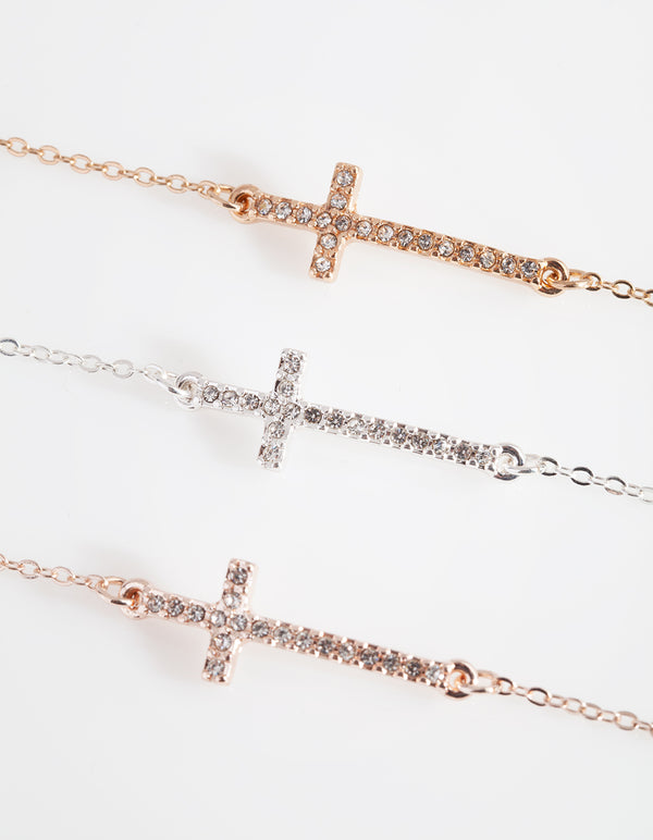 Gold, Silver and Rose Gold Diamante Cross Bracelet 3 Pack