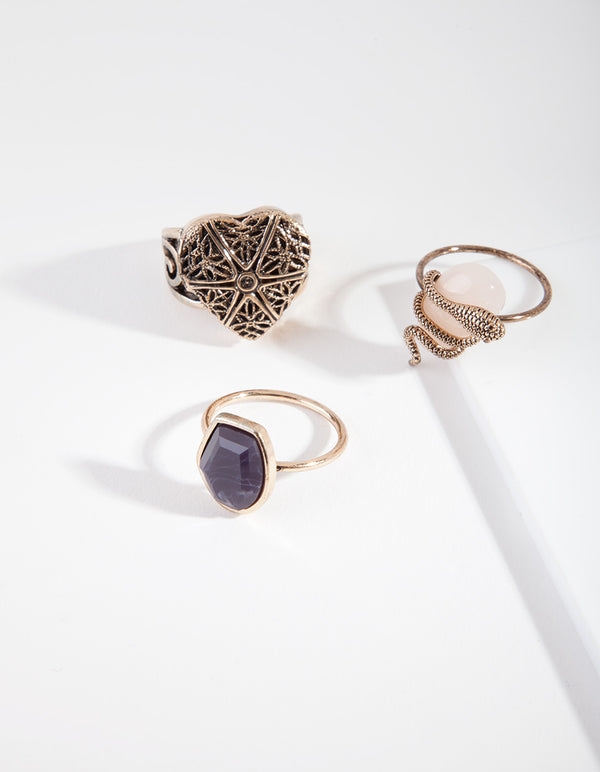 Antique Gold Vintage Stone Ring Pack