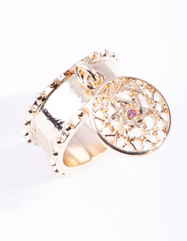 Gold Cut-Out Pink Diamante Ring
