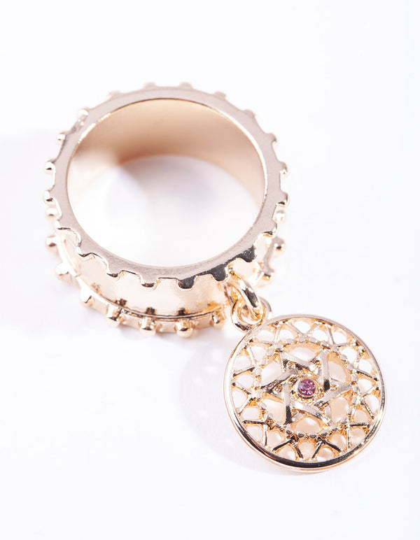 Gold Cut-Out Pink Diamante Ring