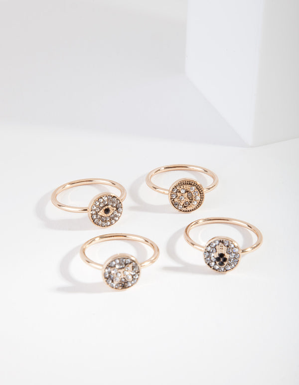 Gold Evil Eye Diamante Ring Pack